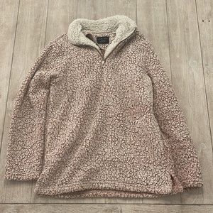 Adorable puffy cozy furry white pink red sweatshirt zipper pocket Sherpa